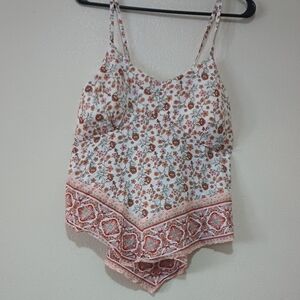 Floral Border Print Handkerchief Hem Cami Romper - White & Rust